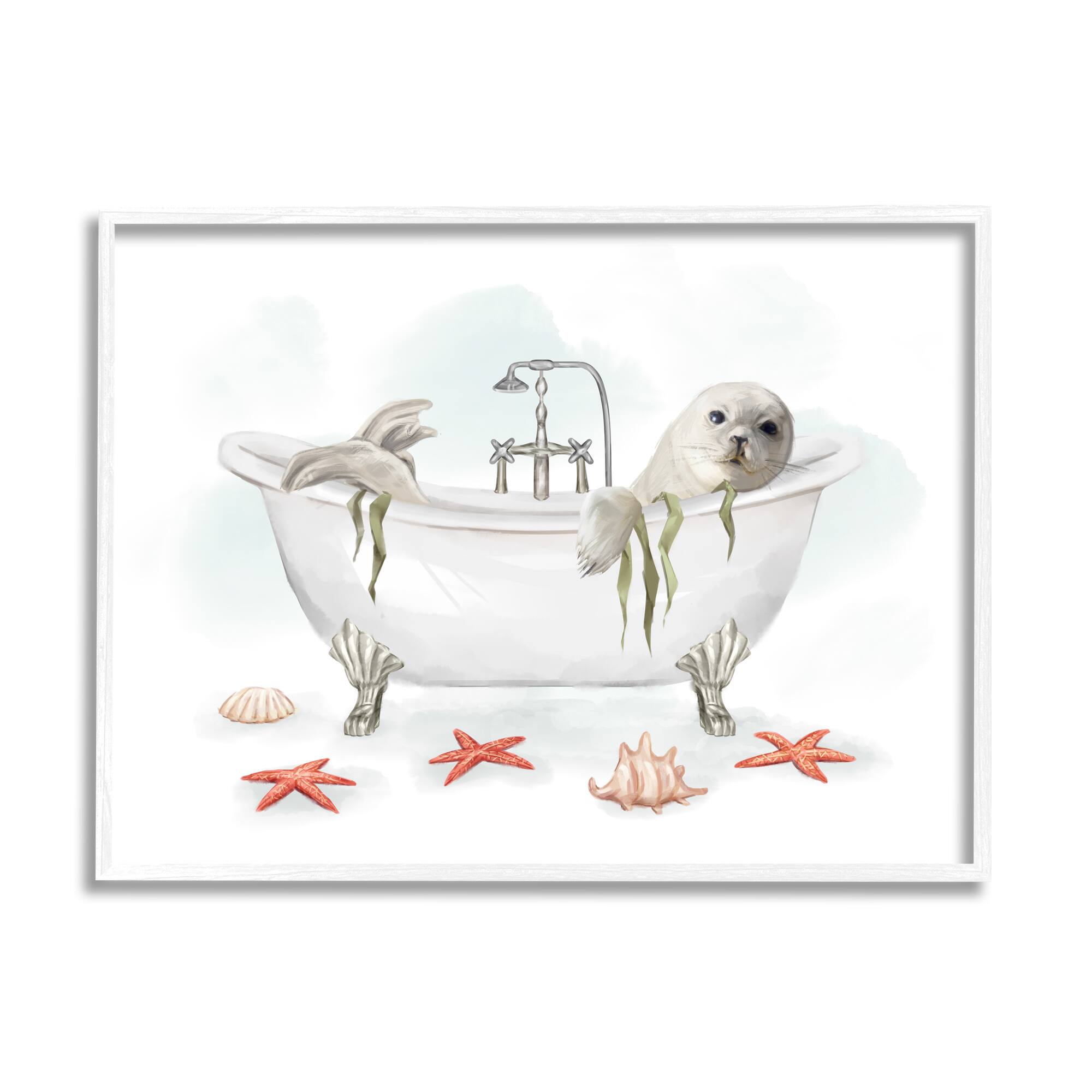 Stupell Industries White Harp Seal Ocean Inspired Bath Animal in White Frame Wall Art